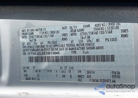 2014 Ford E-250 Commercial z USA, uszkodzony, nr VIN 1FTNE2EL6EDB13845